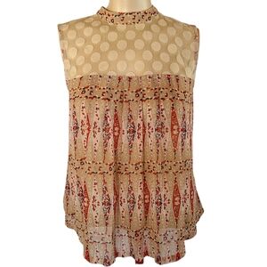 Tulle Beige and Red Patterned Sheer Blouse Lace Polka Dot Detail Sleeveless XS